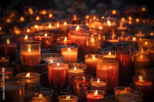 Burning candles in a cemetery during All Saints Day in Poland, Group of lit candles, memory of deceased persons, AI Generated