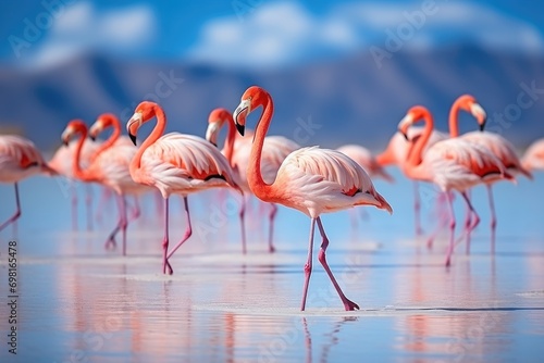 Flamingos at Laguna Colorada, Salt Lake, Bolivia, Group of pink African flamingos walking around the blue lagoon on a sunny day, AI Generated