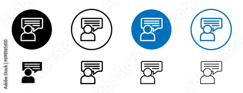 Consulting vector icon set. Business education advisor vector illustration. Meeting conversation sign. Customer feedback line icon in black and blue color. photo