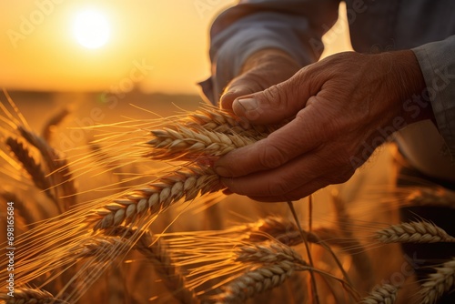 Close up of male hands holding ripe ears of wheat at sunset, Hand of a worker man taking wheat spikes at sunset, close-up, AI Generated