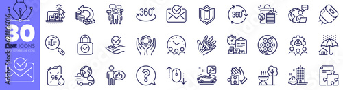 Car service, Voting campaign and Outsource work line icons pack. Construction building, Approved, Full rotation web icon. Petrol canister, Approved mail, Scroll down pictogram. Vector