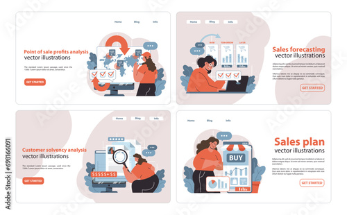 Retail Profit Plan web or landing. Analyzing sales at point of purchase, forecasting market trends, examining customer financial health. Flat vector illustrations for online engagement.