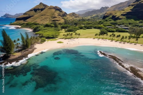 Aerial view of a beautiful island in the middle of the ocean, Hawaii Beach Aerial, AI Generated