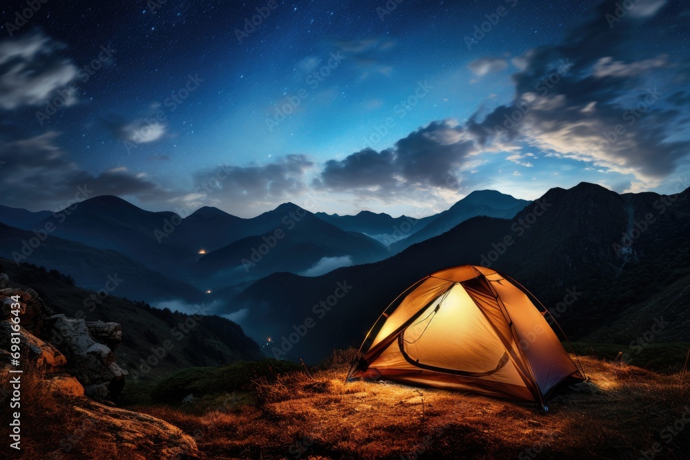 Tent in the mountains at night with starry sky and clouds, Illuminated camp tent under a view of the mountains and a starry sky, AI Generated