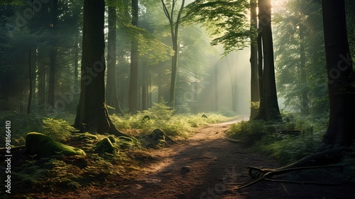 Image of a serene green forest tranquil  Generative ai.
