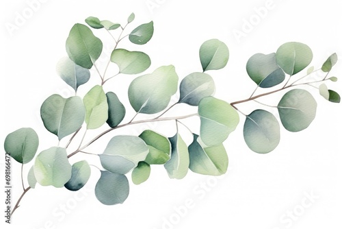 Eucalyptus branch with green leaves. Watercolor illustration, Green floral card in watercolor with silver dollar eucalyptus leaves and branches isolated on a white background, AI Generated