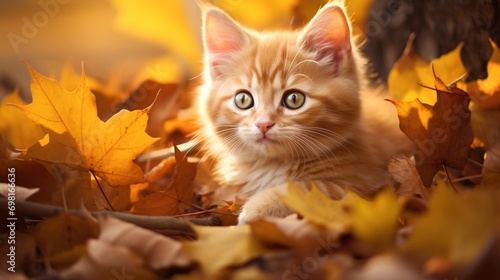 A heartwarming scene capturing two cute ginger cats sitting side by side amidst a backdrop of golden autumn leaves, their eyes filled with curiosity and wonder.