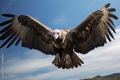 Griffon Vulture Gyps fulvus flying in the blue sky, Huge vulture in flight, low angle view, AI Generated photo