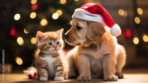 A heartwarming scene capturing a playful kitten and a puppy sitting side by side, wearing adorable red Santa hats, as they joyfully celebrate the spirit of Christmas.