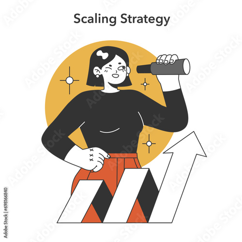 Business expansion vision. A strategist with a telescope oversees growth charts, strategizing for market dominance and long-term success. Future-focused planning. Flat vector illustration.