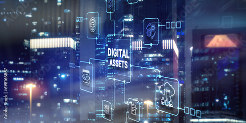 Digital Assets Business Management System Concept on modern city background