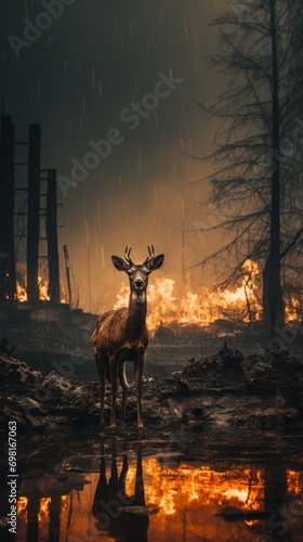 deer near the water on a background of burning forest. animal in the midst of fire, banner, vertical