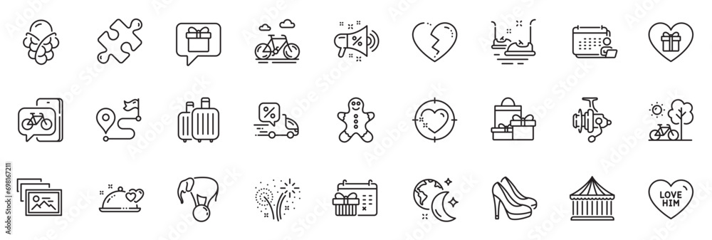 Icons pack as Bumper cars, Bike app and Romantic dinner line icons for app include Romantic gift, Sale megaphone, Fireworks outline thin icon web set. Journey, Wish list, Ice cream pictogram. Vector