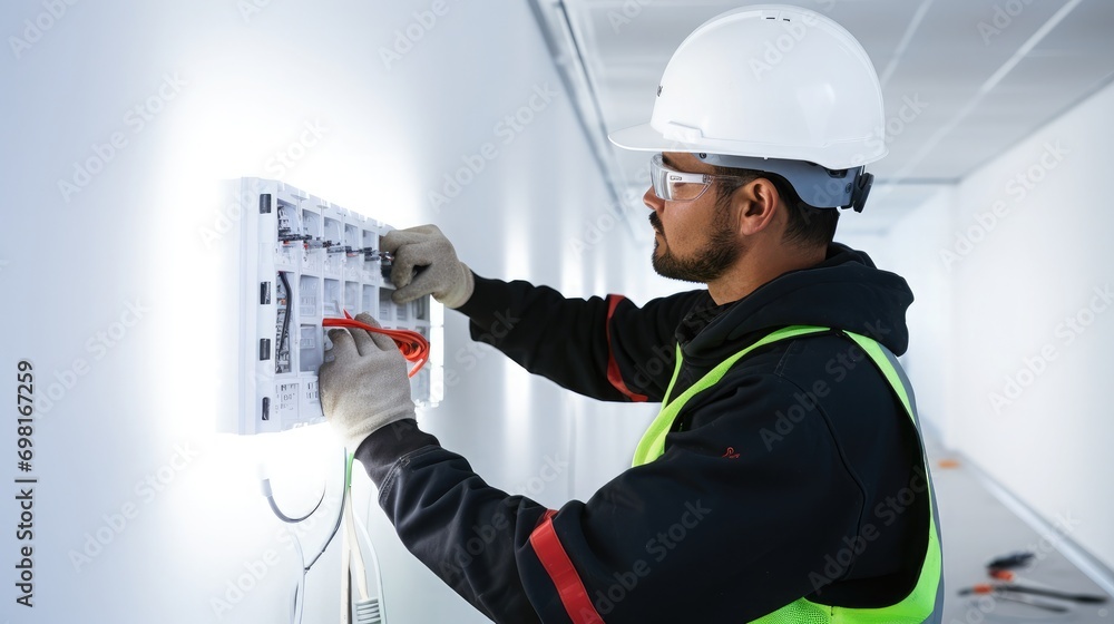 A male electrician works in a switchboard with an electrical connecting cable. A male electrician works in a switchboard with an electrical connecting cable.