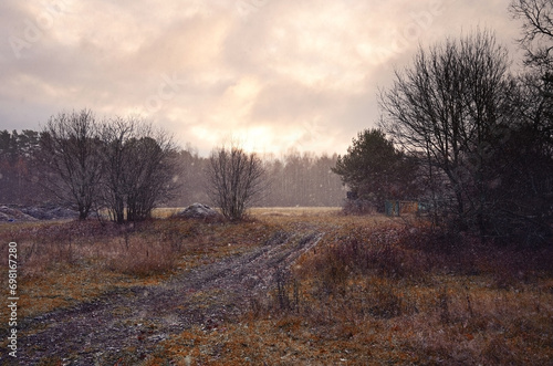 Landscape with a dirt road and trees covered with frost in late autumn