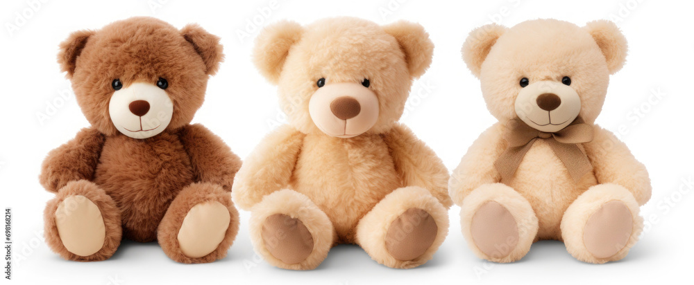 Soft toy fluffy bears sitting in a row on a white background, Closeup Soft toy fluffy bears sitting in a row on a white background, Closeup