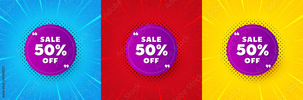 Sale 50 percent off banner. Sunburst offer banner, flyer or poster. Discount sticker shape. Coupon bubble icon. Sale 50 percent promo event banner. Starburst pop art coupon. Special deal. Vector - obrazy, fototapety, plakaty 