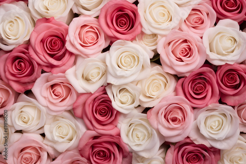 Top view of light and dark pink and cream white roses. Valentine s day background