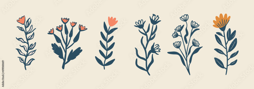 Set of elegant silhouettes of flowers, branches and leaves. Thin hand drawn vector botanical elements, illustration - obrazy, fototapety, plakaty 