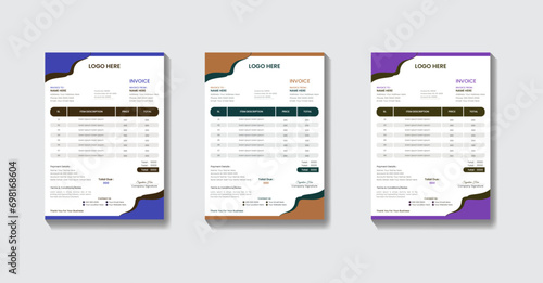 Abstract wave flat design company invoice template that is imaginative and distinctive. Accounting, Price, Tax, and Quantity are included in the quotation invoice layout template paper sheet. No Cost 