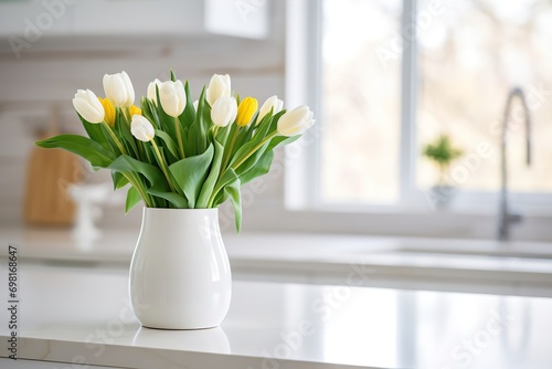 spring tulips close up in the white interior room photo