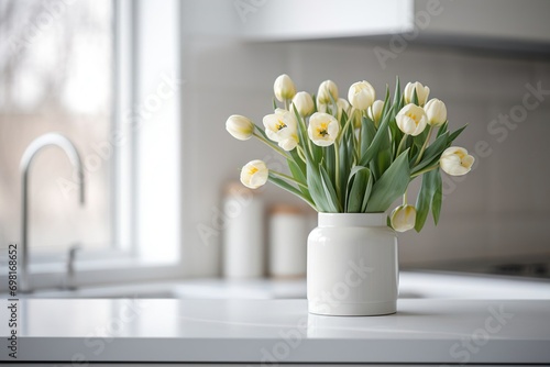 spring tulips close up in the white interior room
