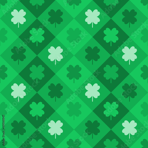 Patrick's day geometric seamless pattern with four leaf clover