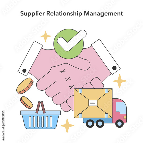 Supplier Relationship Management concept. Strong partnership handshake with efficient logistics and procurement. Trust in supply chain. Flat vector illustration.