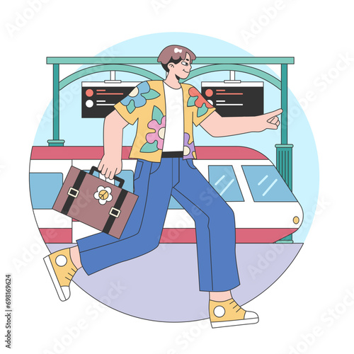 Train trip. Characters traveling by train. Passengers with luggage getting on train. Railway travel and tourism. Flat vector illustration
