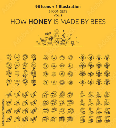 How Honey Is Made By Bees - 96 Outline Icons, 1 Illustration (6 icon sets) - Vol. 3