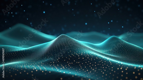 Abstract design with futuristic dots and waves or, in the style of net art, dark cyan, tilt shift, engineering/construction and design, data visualization, grid-based