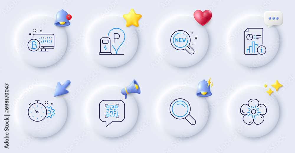 Natural linen, Charging station and Bitcoin system line icons. Buttons with 3d bell, chat speech, cursor. Pack of Cogwheel timer, New products, Report icon. Qr code, Search pictogram. Vector Natural linen, Charging station and Bitcoin system line icons. Buttons with 3d bell, chat speech, cursor. Pack of Cogwheel timer, New products, Report icon. Qr code, Search pictogram. Vector