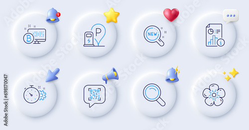 Natural linen, Charging station and Bitcoin system line icons. Buttons with 3d bell, chat speech, cursor. Pack of Cogwheel timer, New products, Report icon. Qr code, Search pictogram. Vector