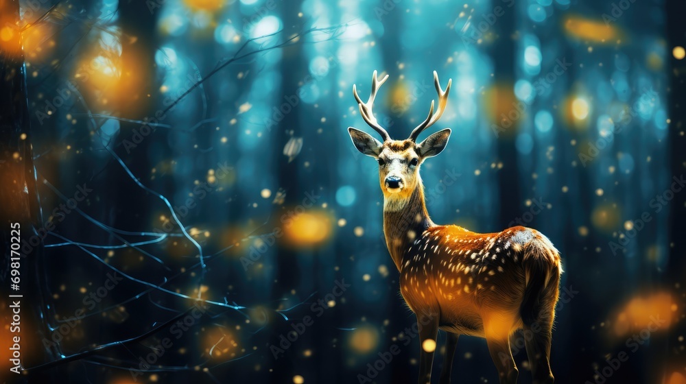 From the bird's point of view, a deer is grazing leisurely in a tree-lined forest, Fairy light, abstract photography, neo-expressionism, 4K, HDR From the bird's point of view, a deer is grazing leisurely in a tree-lined forest, Fairy light, abstract photography, neo-expressionism, 4K, HDR