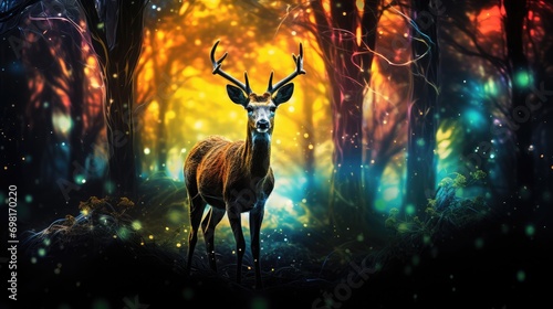 From the bird's point of view, a deer is grazing leisurely in a tree-lined forest, Fairy light, abstract photography, neo-expressionism, 4K, HDR © sambath