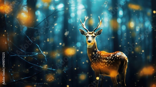 From the bird's point of view, a deer is grazing leisurely in a tree-lined forest, Fairy light, abstract photography, neo-expressionism, 4K, HDR