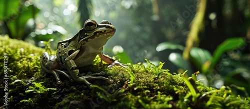 Endangered transparent frog in a rainforest. photo