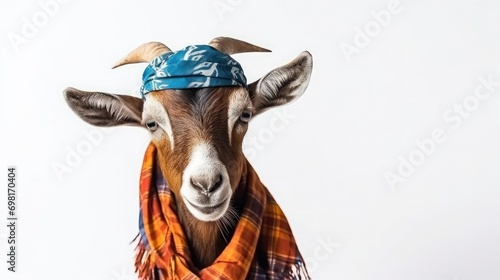 rubber billy goat with bandana on head on white background photo