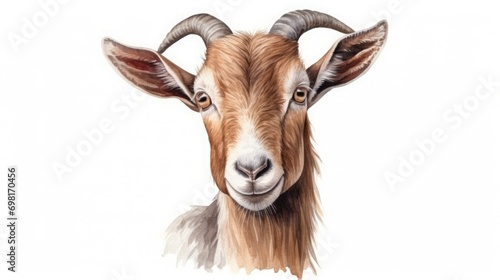 Watercolor face of goat on white background, realistic, Encyclopedic anthropomorphic watercolor drawing