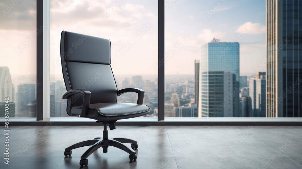 A comfortable office chair mockup in a contemporary workspace with a panoramic city skyline view. A comfortable office chair mockup in a contemporary workspace with a panoramic city skyline view.