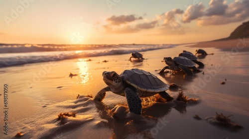 A realistic low-angle photograph in Ecuador showing very small hatchling turtles moving towards the sea on a beach at sunrise. Natural looking  authentic style. Bright lighting
