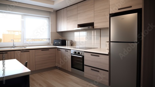 A small kitchen, 4 by 3 meters in size, in white color, with a modern design. The floor is laminated in brown color, There are 2 windows in front of the kitchen door,