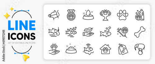 Dog paw, Fish and Dog leash line icons set for app include Pet shelter, Elephant on ball, Fish school outline thin icon. Pets care, Pet tags, Water bowl pictogram icon. Fishing. Vector