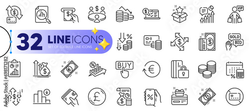 Outline set of Buying, Bid offer and Bitcoin line icons for web with No card, Report, Online accounting thin icon. Discounts app, Pound money, Card pictogram icon. Exchange currency. Vector