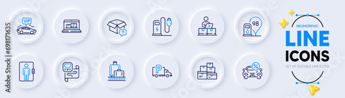 Online storage, Charging station and Secret package line icons for web app. Pack of Elevator, Truck parking, Petrol station pictogram icons. Wholesale goods, Baggage reclaim, Car leasing signs. Vector