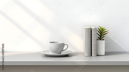white coffee cup on a saucer  a stack of books  and a potted plant on a white shelf against a white wall with light shadows
