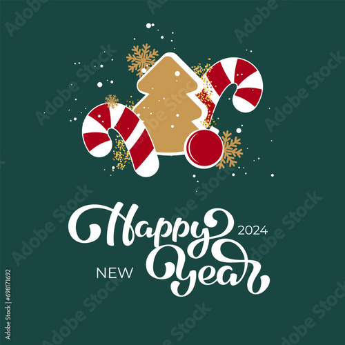 Happy New Year Vector illustration with Lettering and beautiful Christmas tree decoration