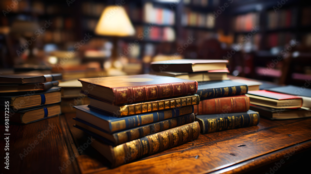 stack of hardcover books on a wooden table, with a lamp and bookshelves in the blurry background - obrazy, fototapety, plakaty 