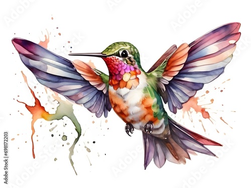 Colorful hummingbird watercolor. White background. Generative AI