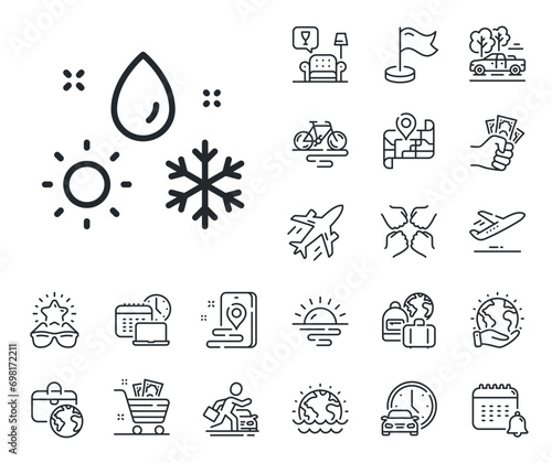 Winter snowflake sign. Plane jet, travel map and baggage claim outline icons. Weather line icon. Sun and rain symbol. Weather line sign. Car rental, taxi transport icon. Place location. Vector